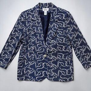 Vintage Da-Rue Navy Abstract Ribbon Print Blazer Jacket 80s Size 14